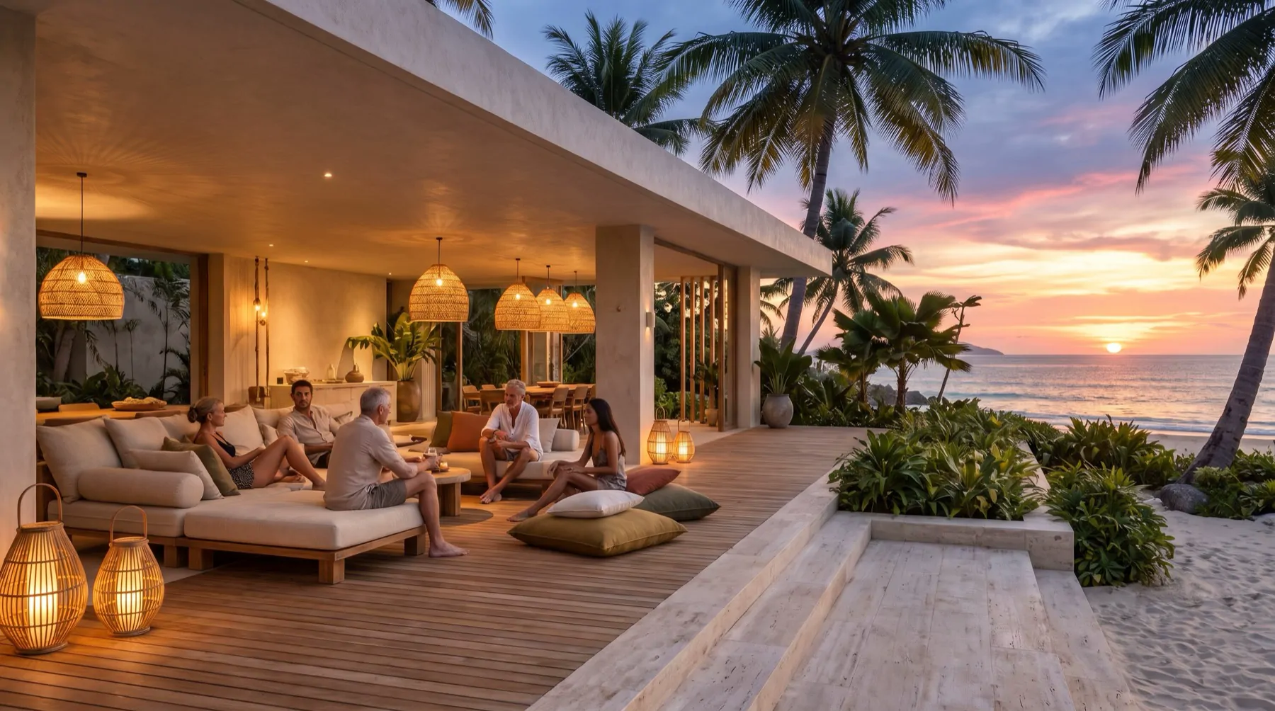 People talking quietly in the sunset lounge at dusk.