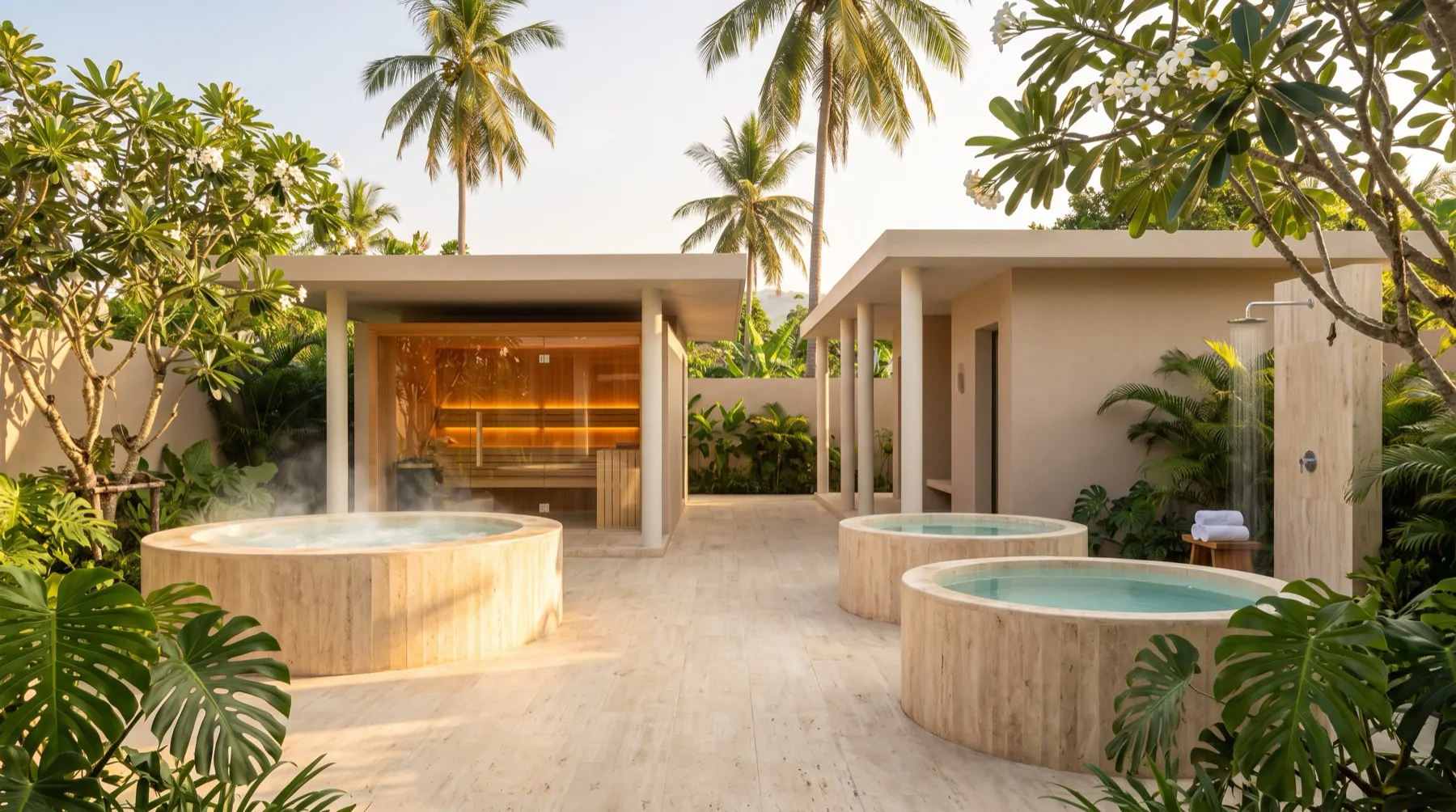 The fire side: a glass fronted sauna, a hot tub and round ice baths on a travertine terrace among tropical plants.