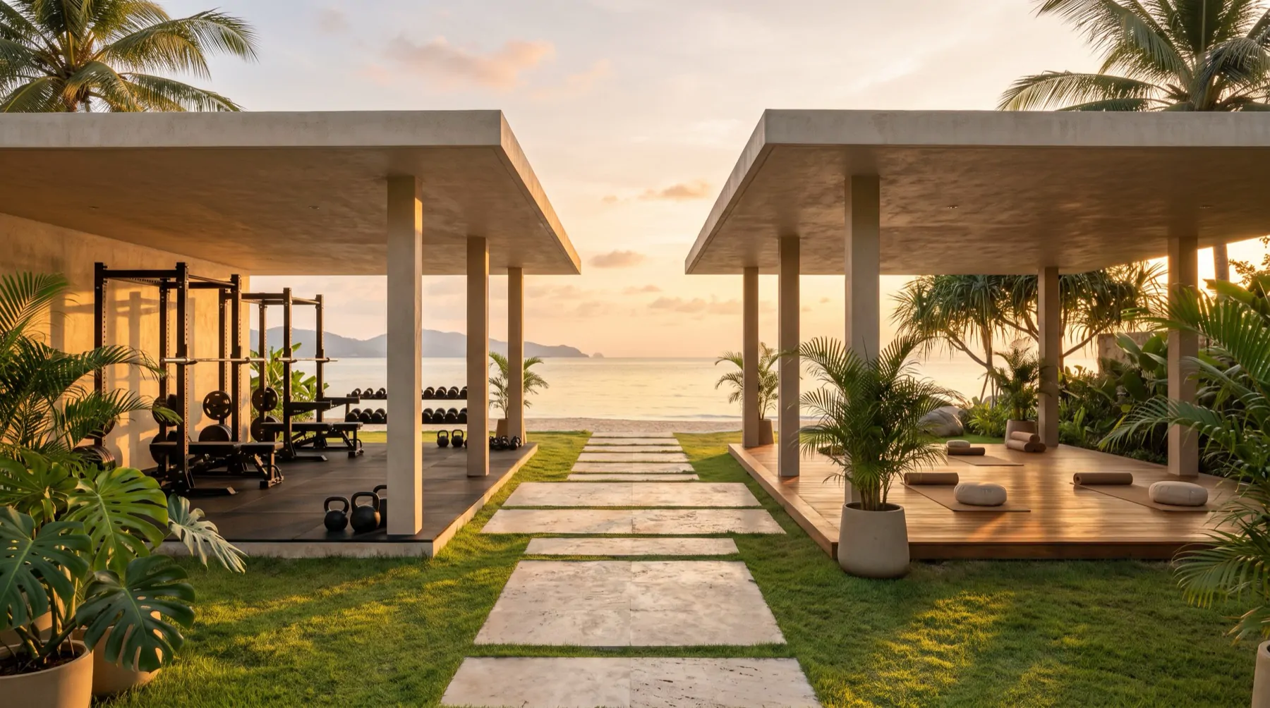 Two open pavilions for strength and movement, facing the sea at sunrise.