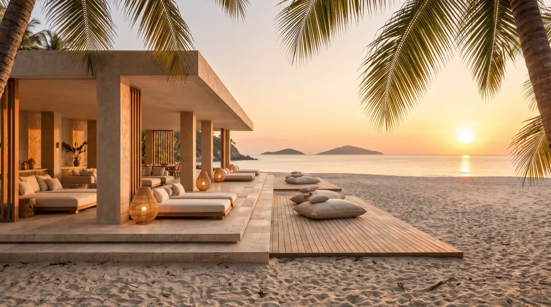 The sunset lounge on the beach, with daybeds facing the sea as the sun touches the water.