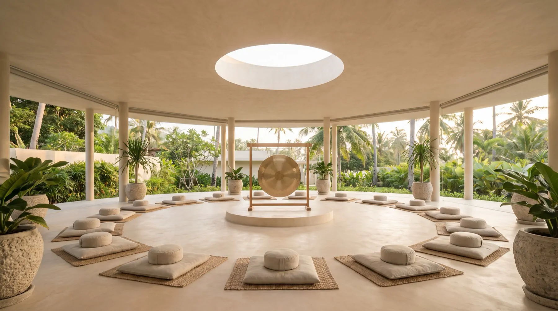 Inside the round temple hall: a circle of cushions, a brass gong and a round skylight.